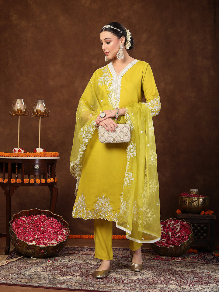 Lime Green Solid &amp; Embroidered Silk Straight Kurta Pant Dupatta Set