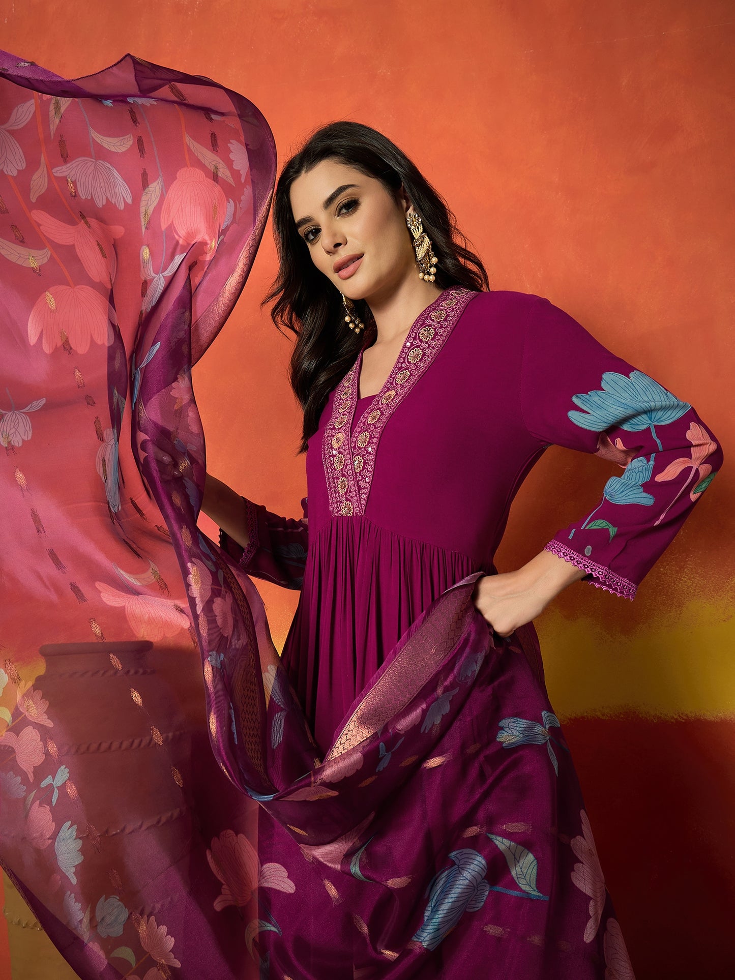 Floral Printed & Embroidered Rayon Anarkali Kurta Pant Dupatta Set Set