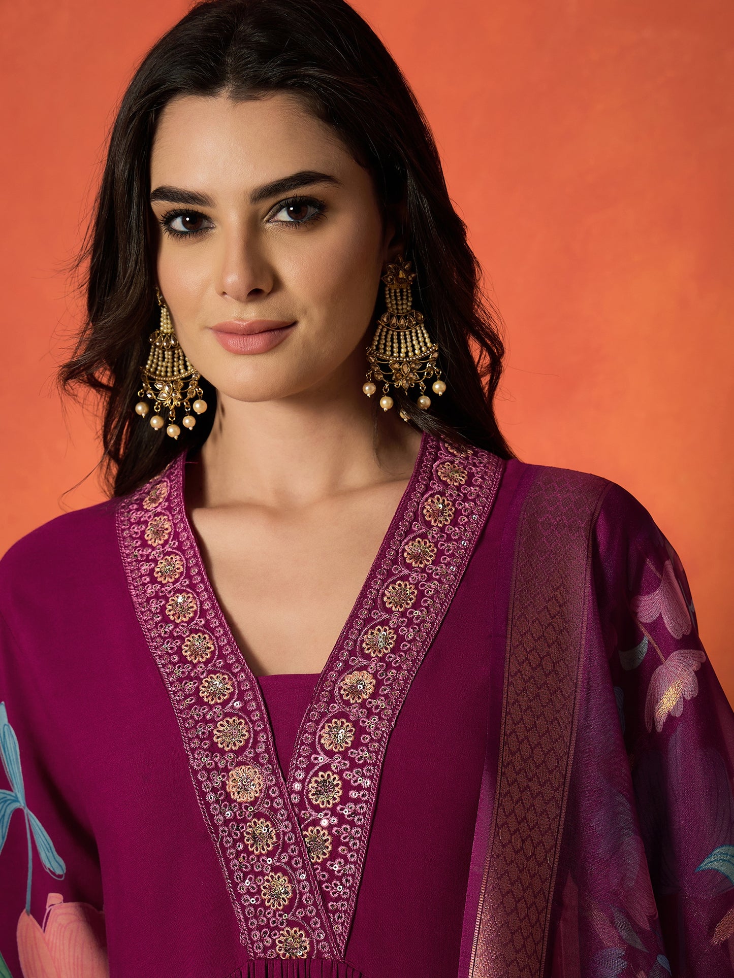 Floral Printed & Embroidered Rayon Anarkali Kurta Pant Dupatta Set Set