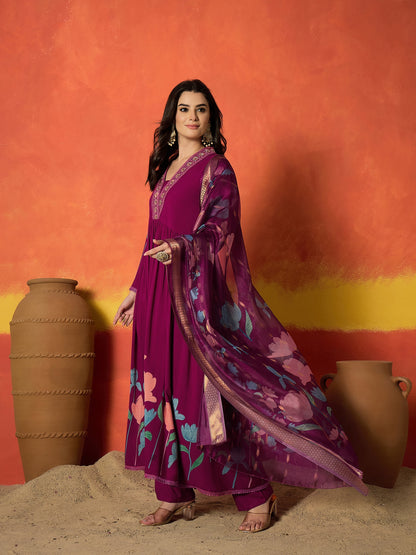 Floral Printed & Embroidered Rayon Anarkali Kurta Pant Dupatta Set Set