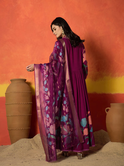 Floral Printed & Embroidered Rayon Anarkali Kurta Pant Dupatta Set Set