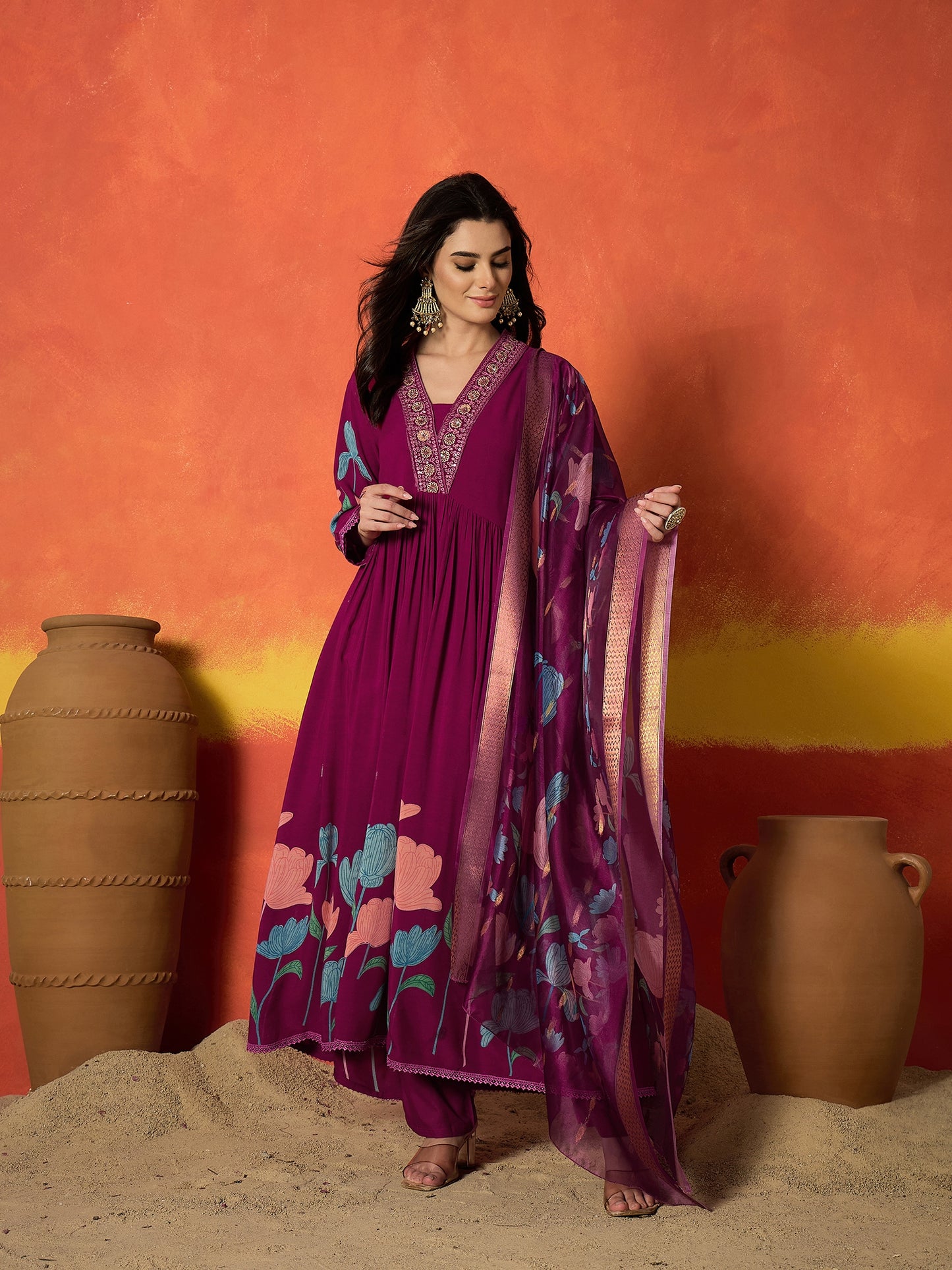 Floral Printed & Embroidered Rayon Anarkali Kurta Pant Dupatta Set Set