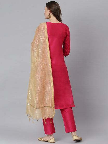 Women Gold Printed Poly Silk Straight Kurta Pant Dupatta Set (Pre-Order)
