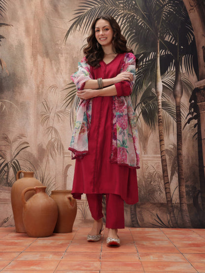 Solid Polyester A-Line Kurta Pant Dupatta Set