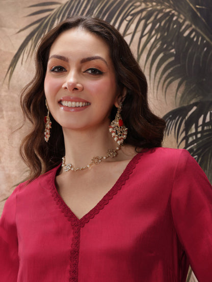 Solid Polyester A-Line Kurta Pant Dupatta Set