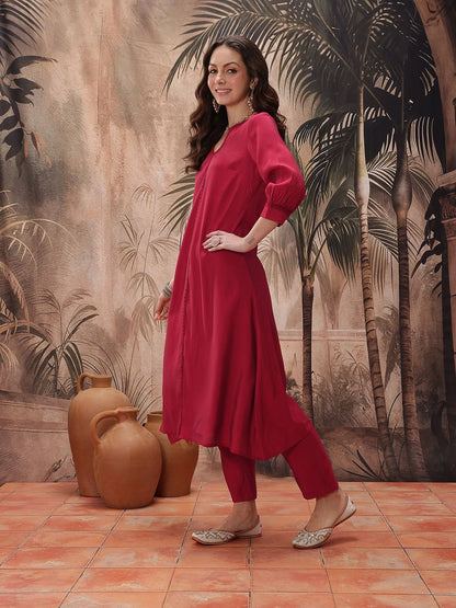 Solid Polyester A-Line Kurta Pant Dupatta Set