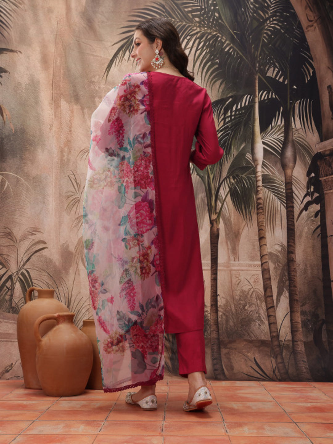 Solid Polyester A-Line Kurta Pant Dupatta Set