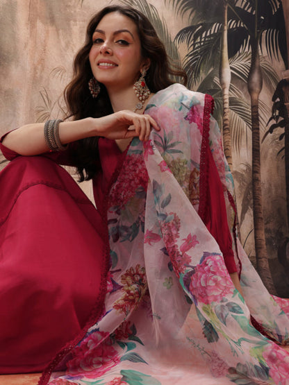 Solid Polyester A-Line Kurta Pant Dupatta Set