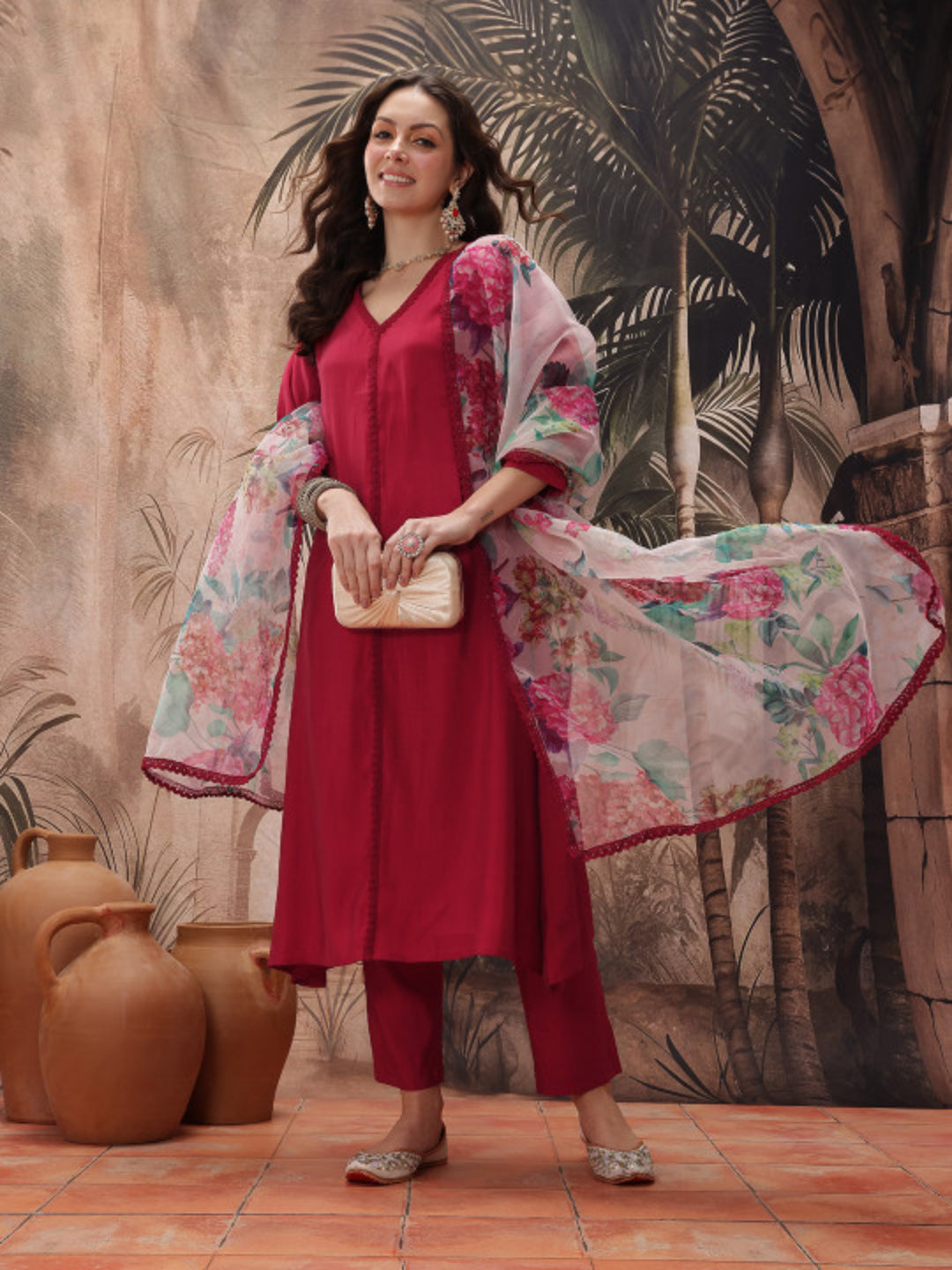 Solid Polyester A-Line Kurta Pant Dupatta Set