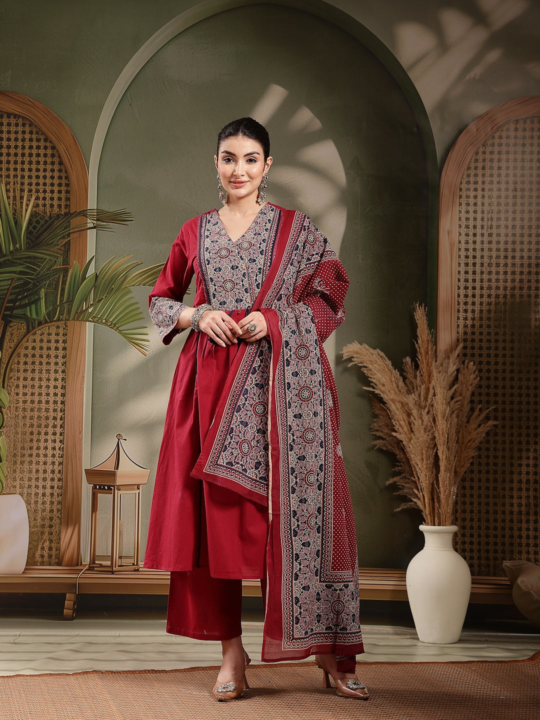Maroon Ajrakh Printed Cotton A-Line Kurta Pant Dupatta Set