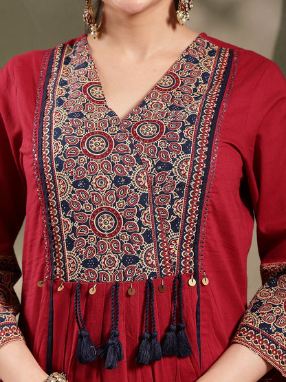 Maroon Ajrakh Printed Cotton A-Line Kurta Pant Dupatta Set