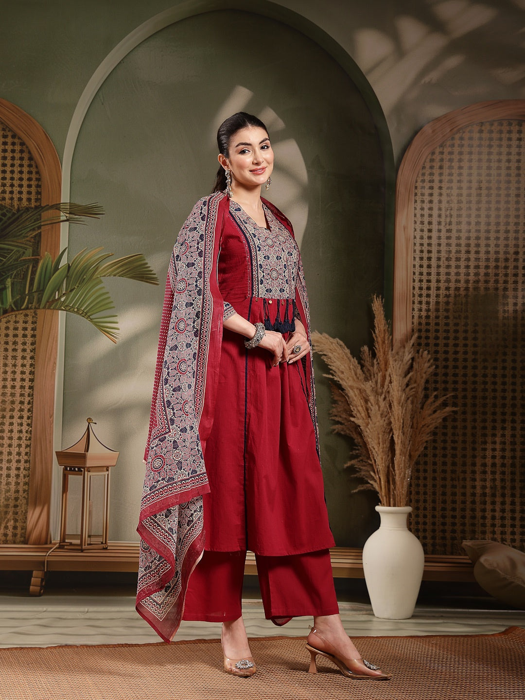 Maroon Ajrakh Printed Cotton A-Line Kurta Pant Dupatta Set