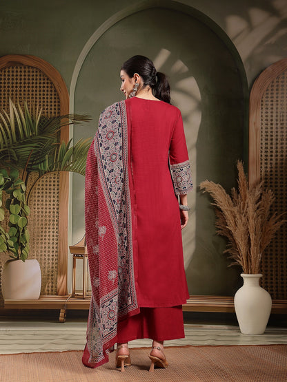 Maroon Ajrakh Printed Cotton A-Line Kurta Pant Dupatta Set