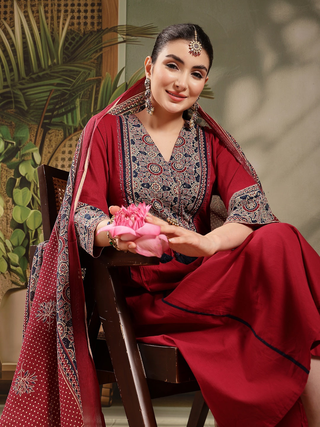 Maroon Ajrakh Printed Cotton A-Line Kurta Pant Dupatta Set