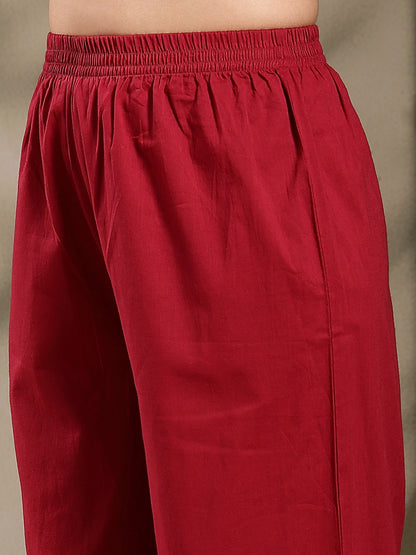 Maroon Ajrakh Printed Cotton A-Line Kurta Pant Dupatta Set