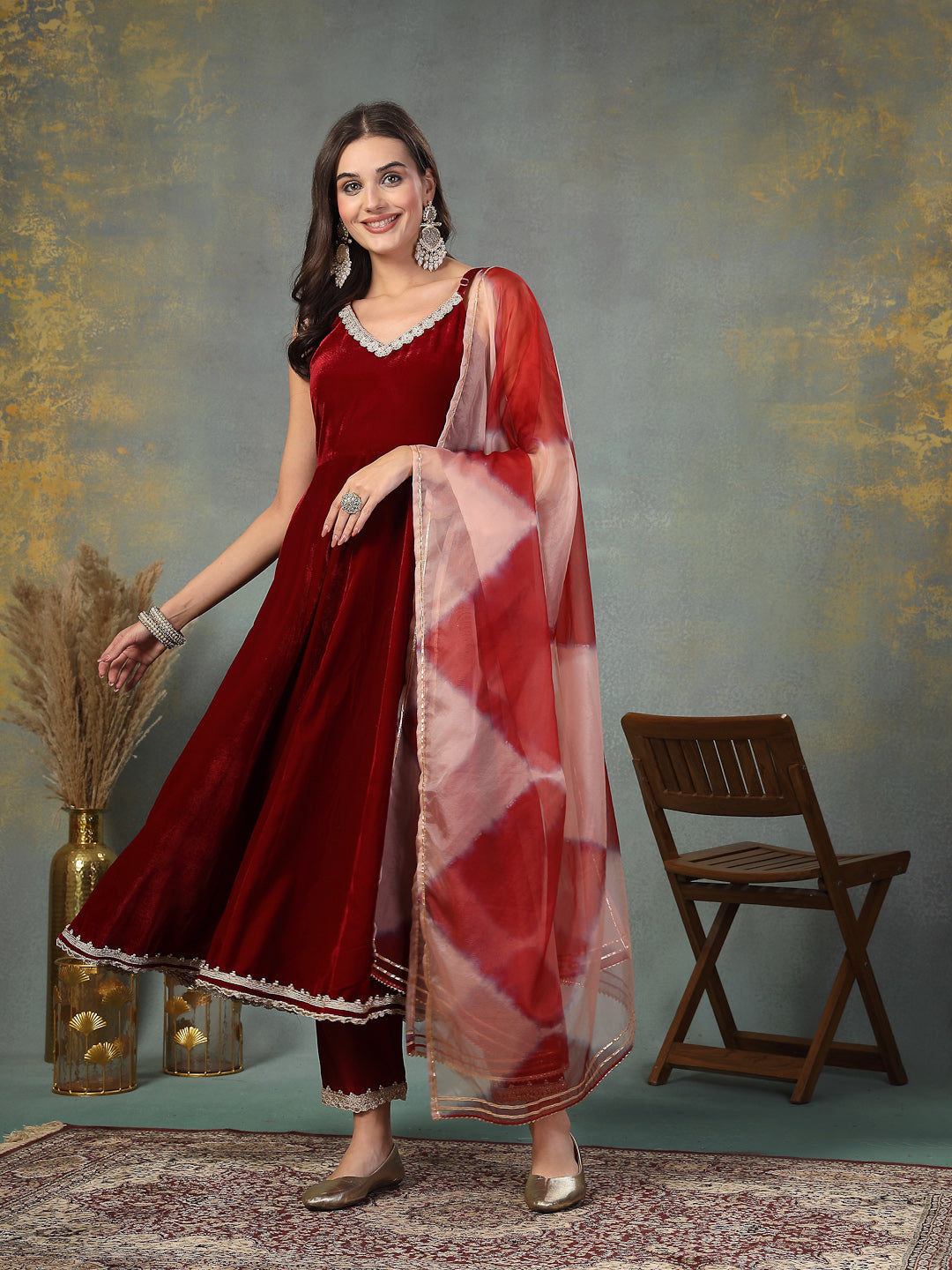 Maroon Solid &amp; Embroidered Velvet Anarkali Kurta Pant Dupatta Set