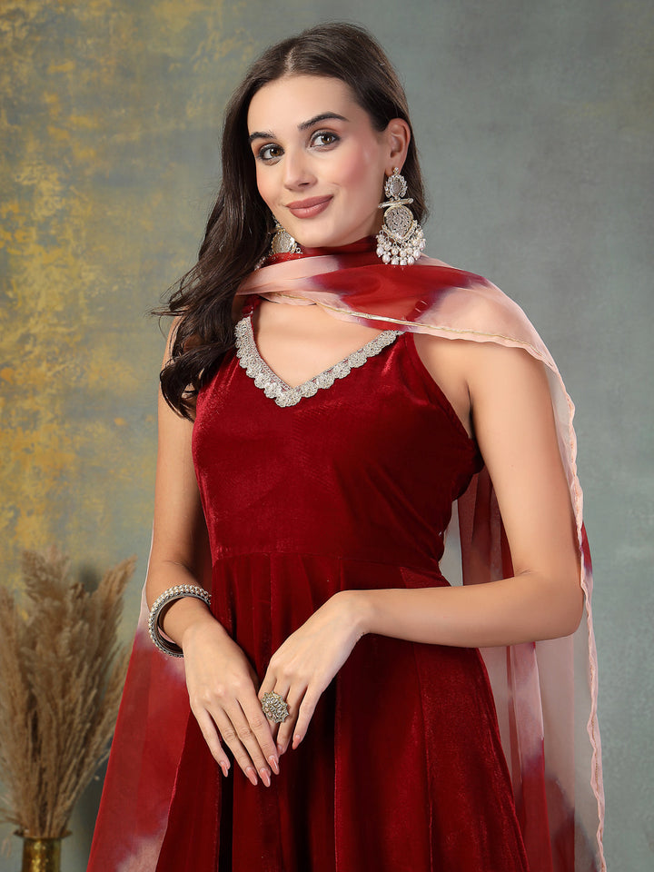 Maroon Solid &amp; Embroidered Velvet Anarkali Kurta Pant Dupatta Set