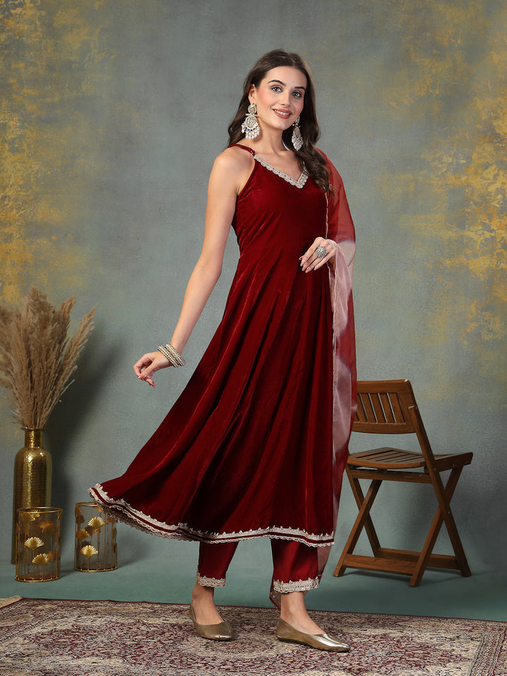 Maroon Solid &amp; Embroidered Velvet Anarkali Kurta Pant Dupatta Set