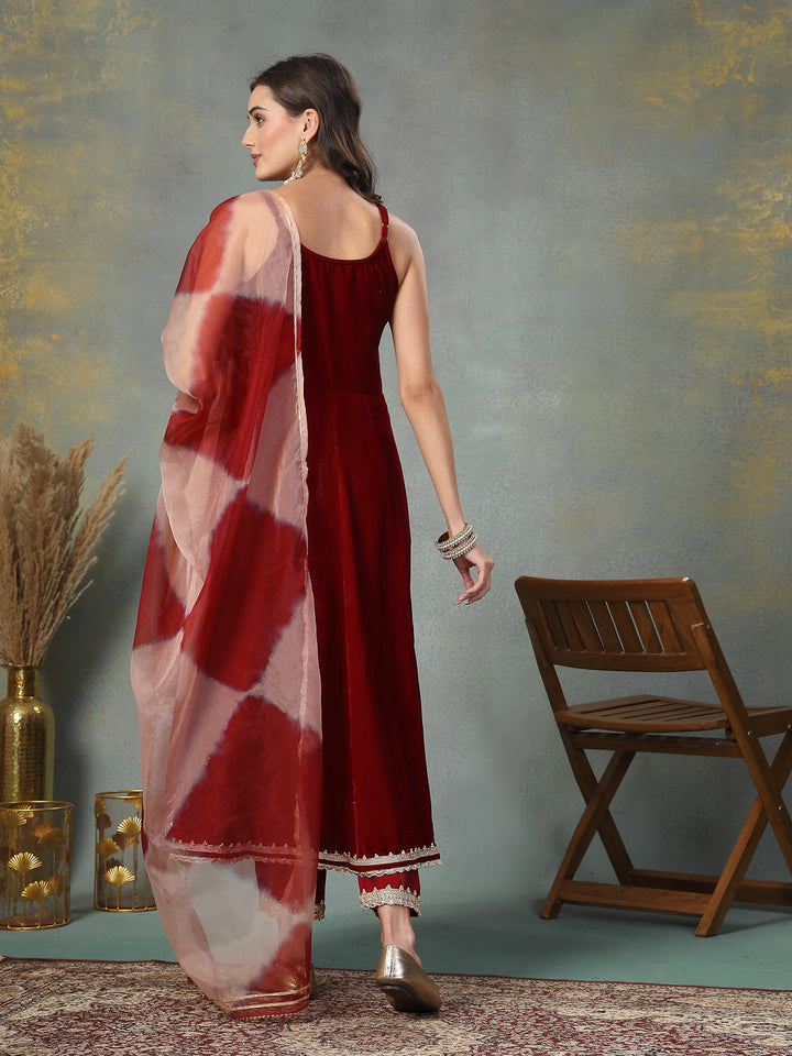 Maroon Solid &amp; Embroidered Velvet Anarkali Kurta Pant Dupatta Set