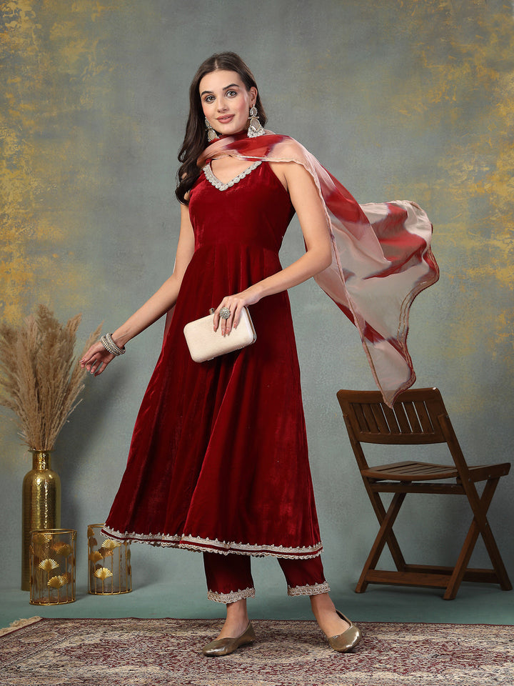 Maroon Solid &amp; Embroidered Velvet Anarkali Kurta Pant Dupatta Set