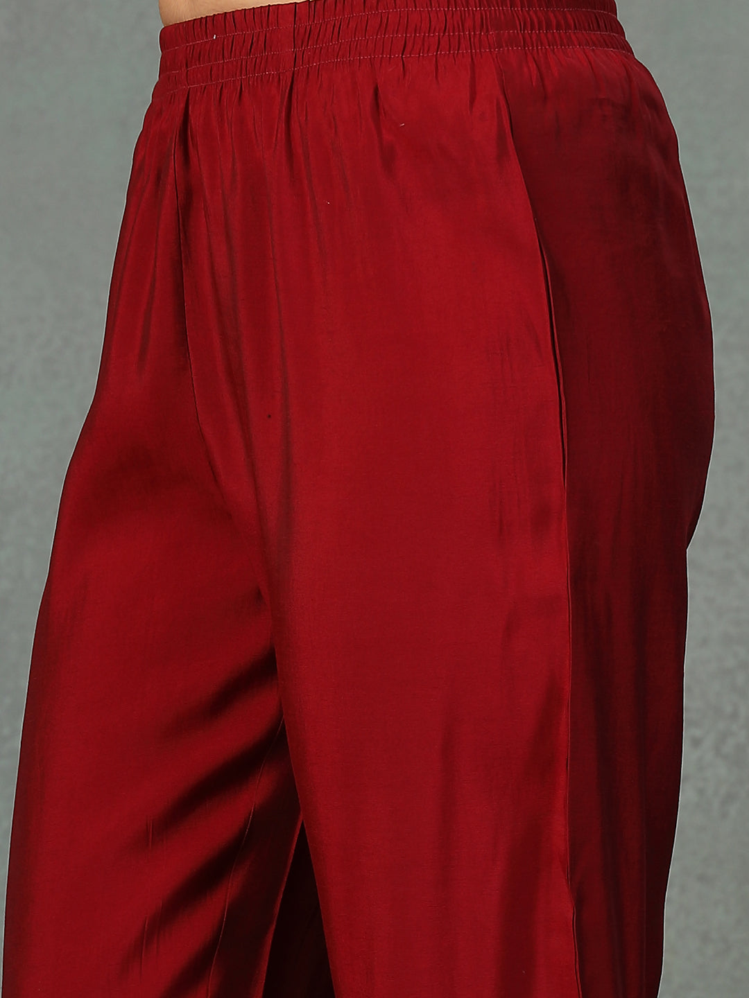 Maroon Solid &amp; Embroidered Velvet Anarkali Kurta Pant Dupatta Set