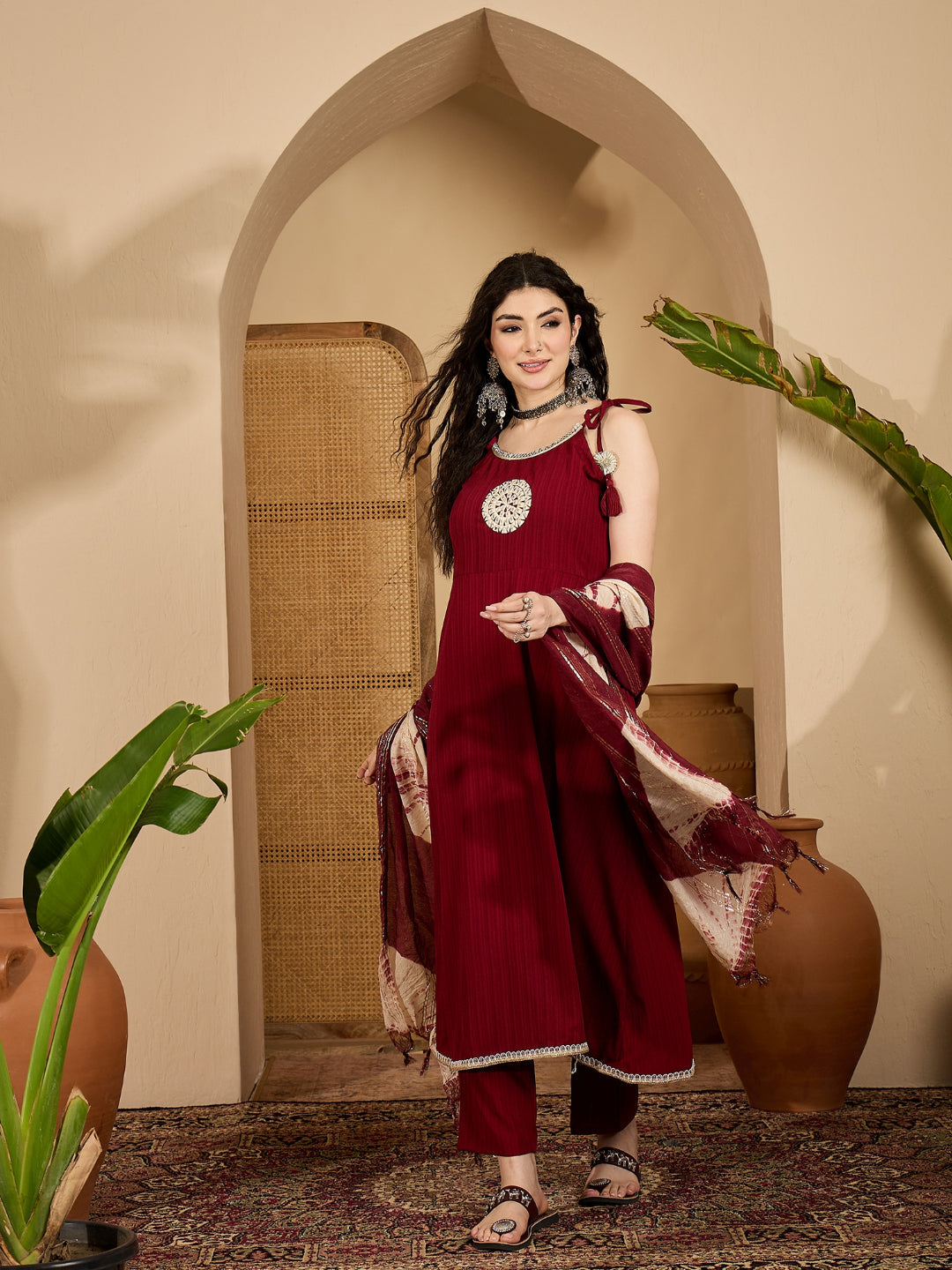 Women's Maroon Solid & Embroidered Crepe A-Line Kurta Pant Dupatta Set
