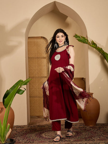 Women's Maroon Solid & Embroidered Crepe A-Line Kurta Pant Dupatta Set