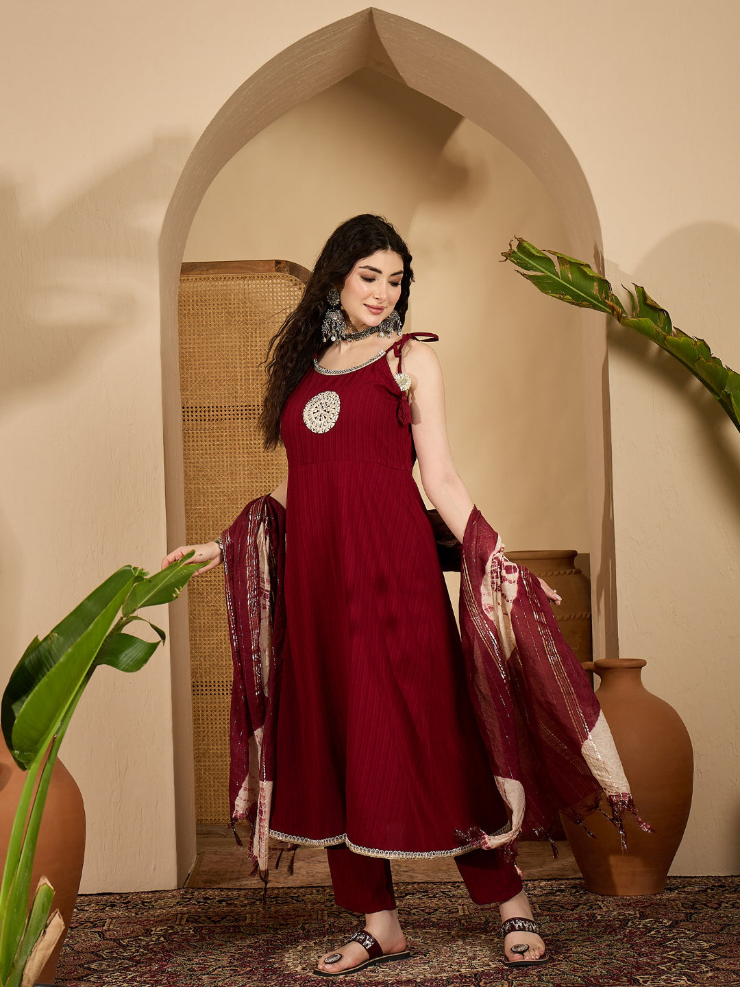 Women's Maroon Solid & Embroidered Crepe A-Line Kurta Pant Dupatta Set