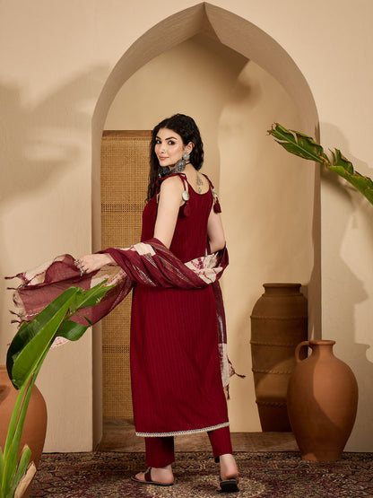 Women's Maroon Solid & Embroidered Crepe A-Line Kurta Pant Dupatta Set