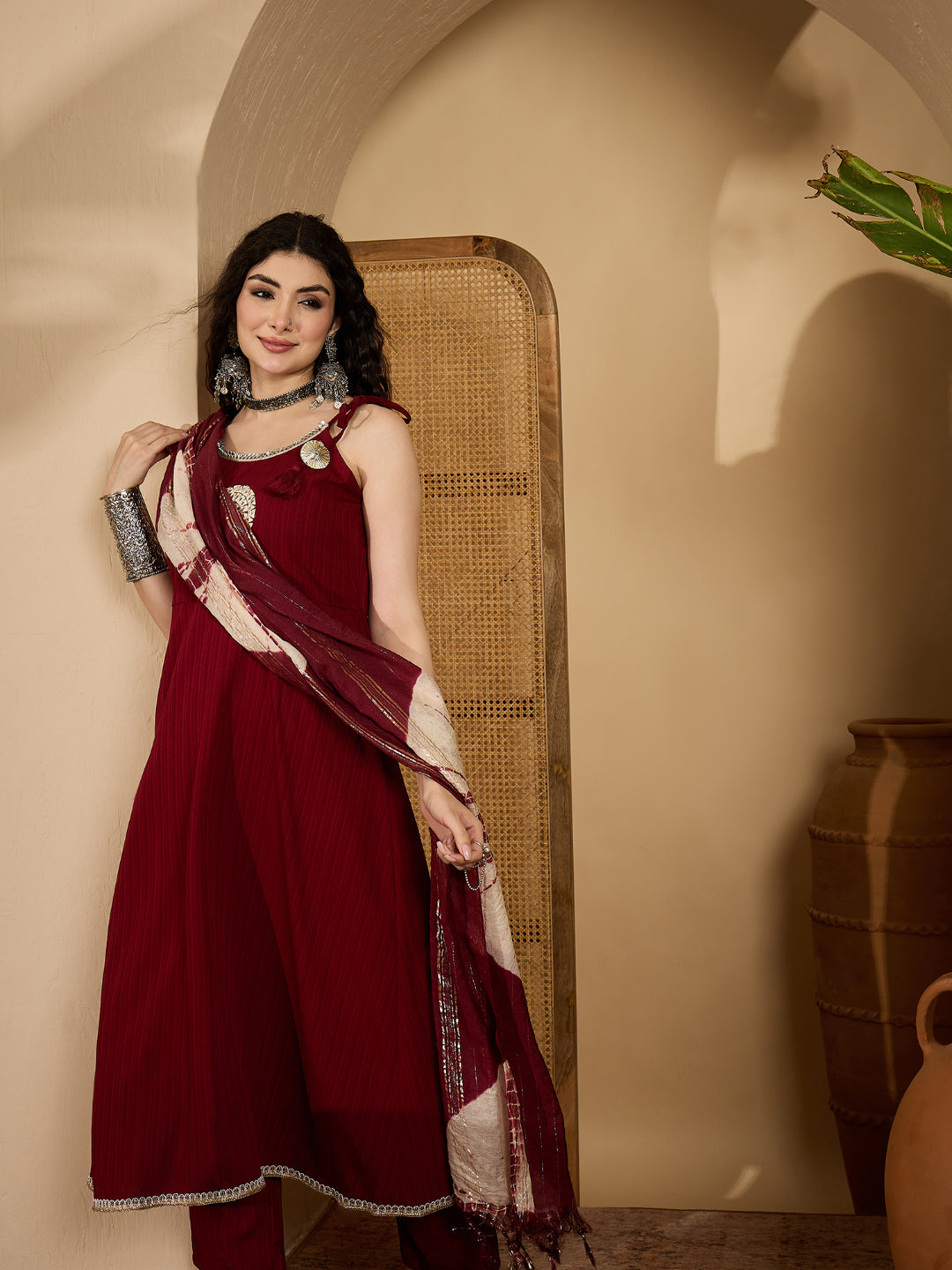 Women's Maroon Solid & Embroidered Crepe A-Line Kurta Pant Dupatta Set