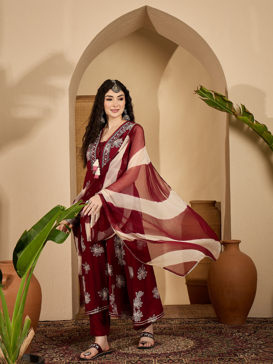 Floral Printed Rayon Flared Kurta Pant Dupatta Set