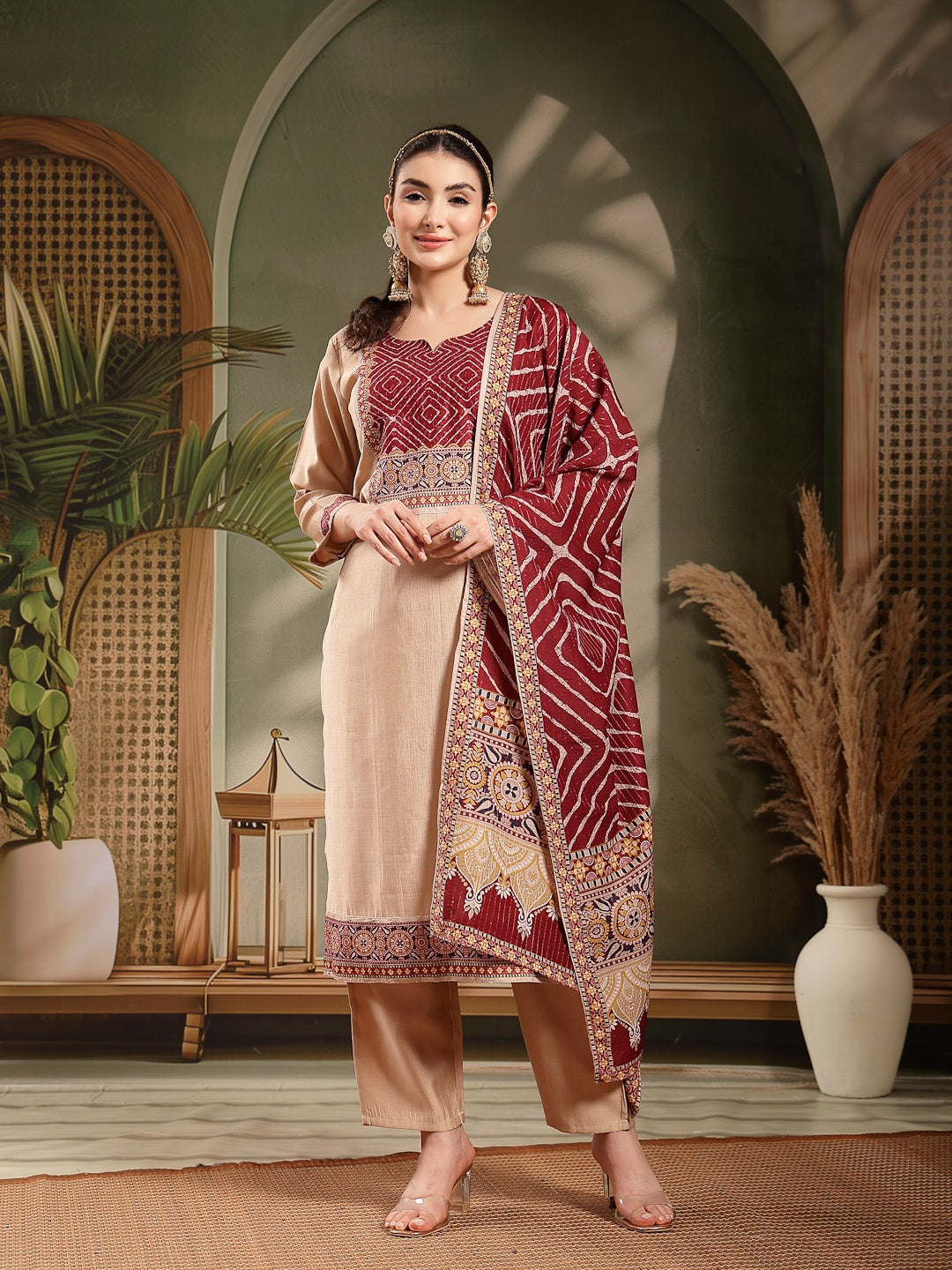 Maroon Ethnic Motifs Silk Blend Straight Kurta Pant Dupatta Set