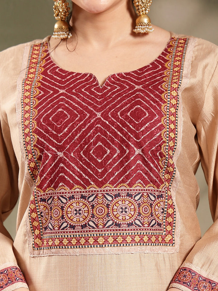 Maroon Ethnic Motifs Silk Blend Straight Kurta Pant Dupatta Set