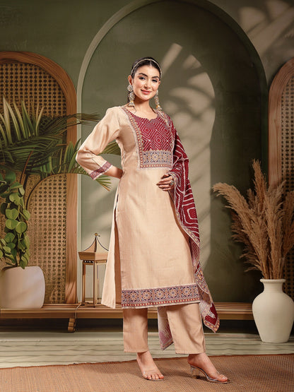 Maroon Ethnic Motifs Silk Blend Straight Kurta Pant Dupatta Set