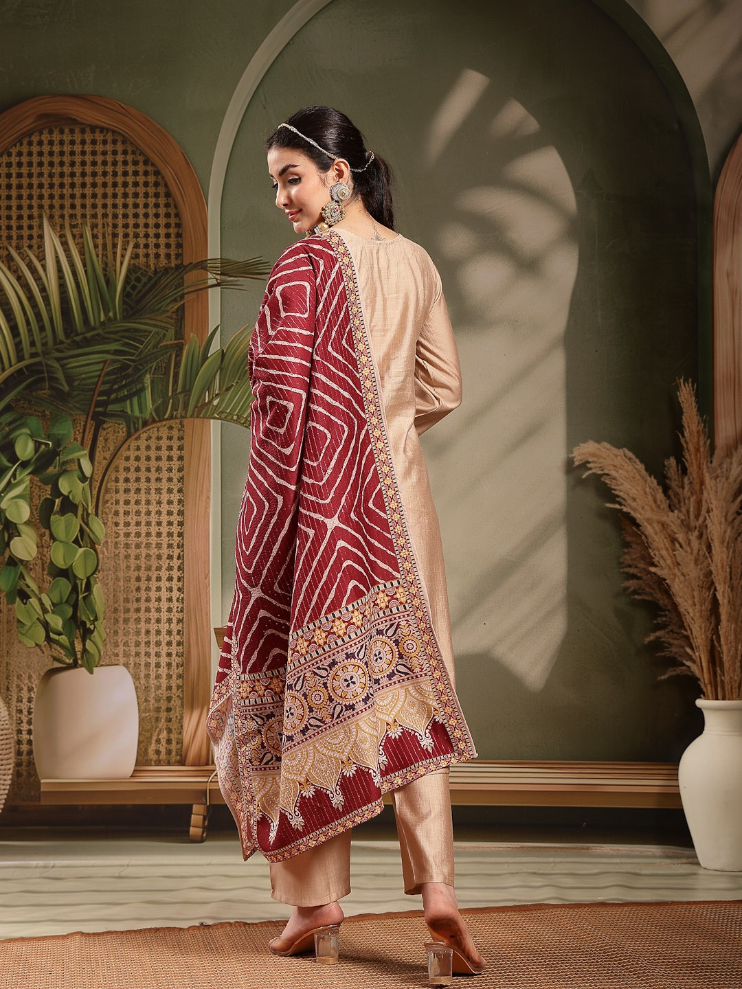 Maroon Ethnic Motifs Silk Blend Straight Kurta Pant Dupatta Set