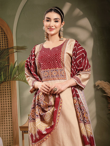 Maroon Ethnic Motifs Silk Blend Straight Kurta Pant Dupatta Set