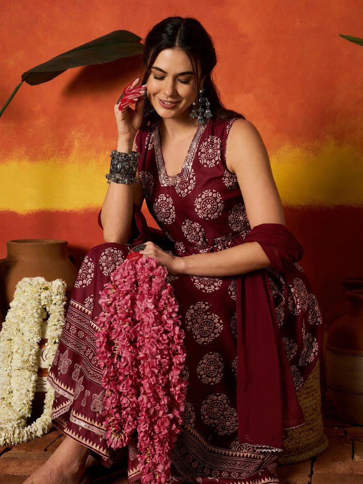 Ethnic Motif Printed Rayon Anarkali Kurta Pant Dupatta Set
