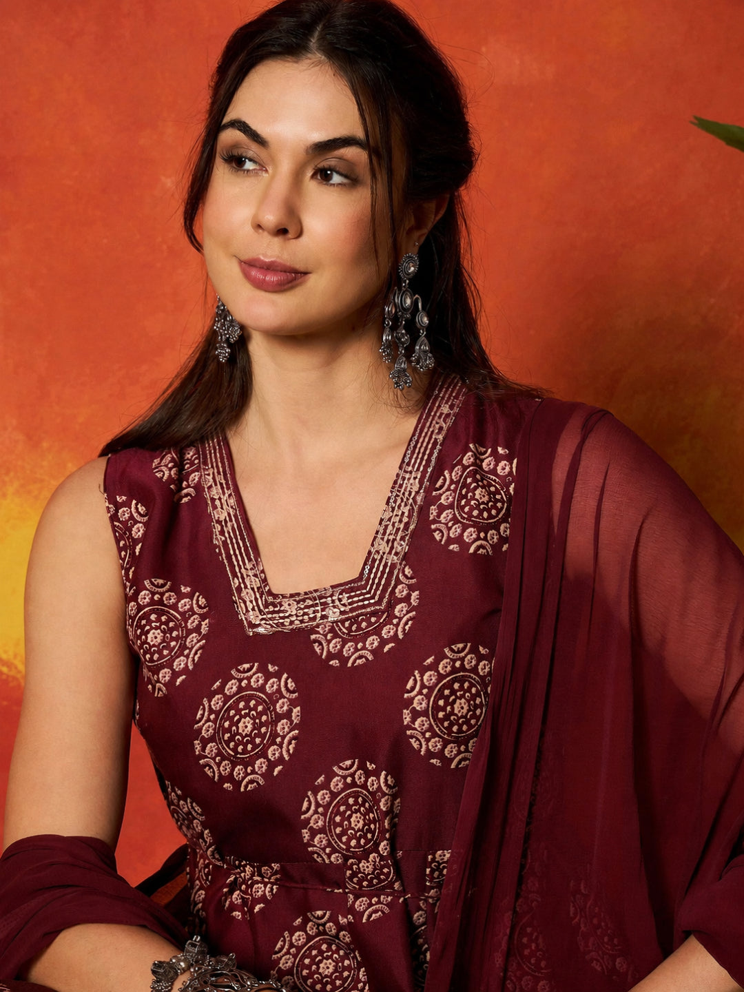 Ethnic Motif Printed Rayon Anarkali Kurta Pant Dupatta Set