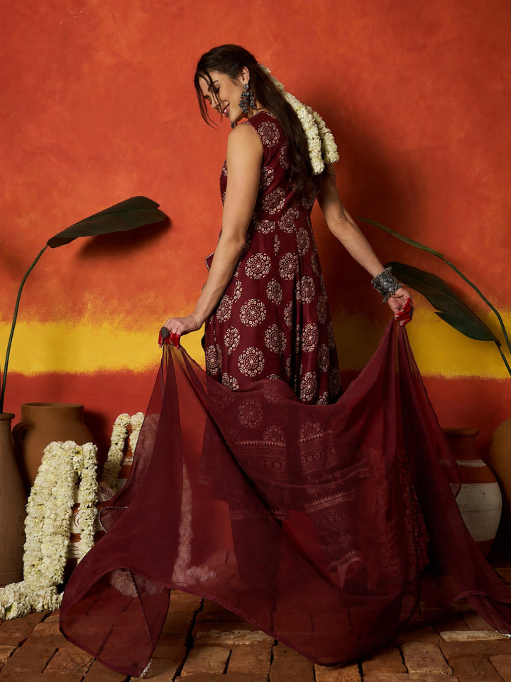 Ethnic Motif Printed Rayon Anarkali Kurta Pant Dupatta Set