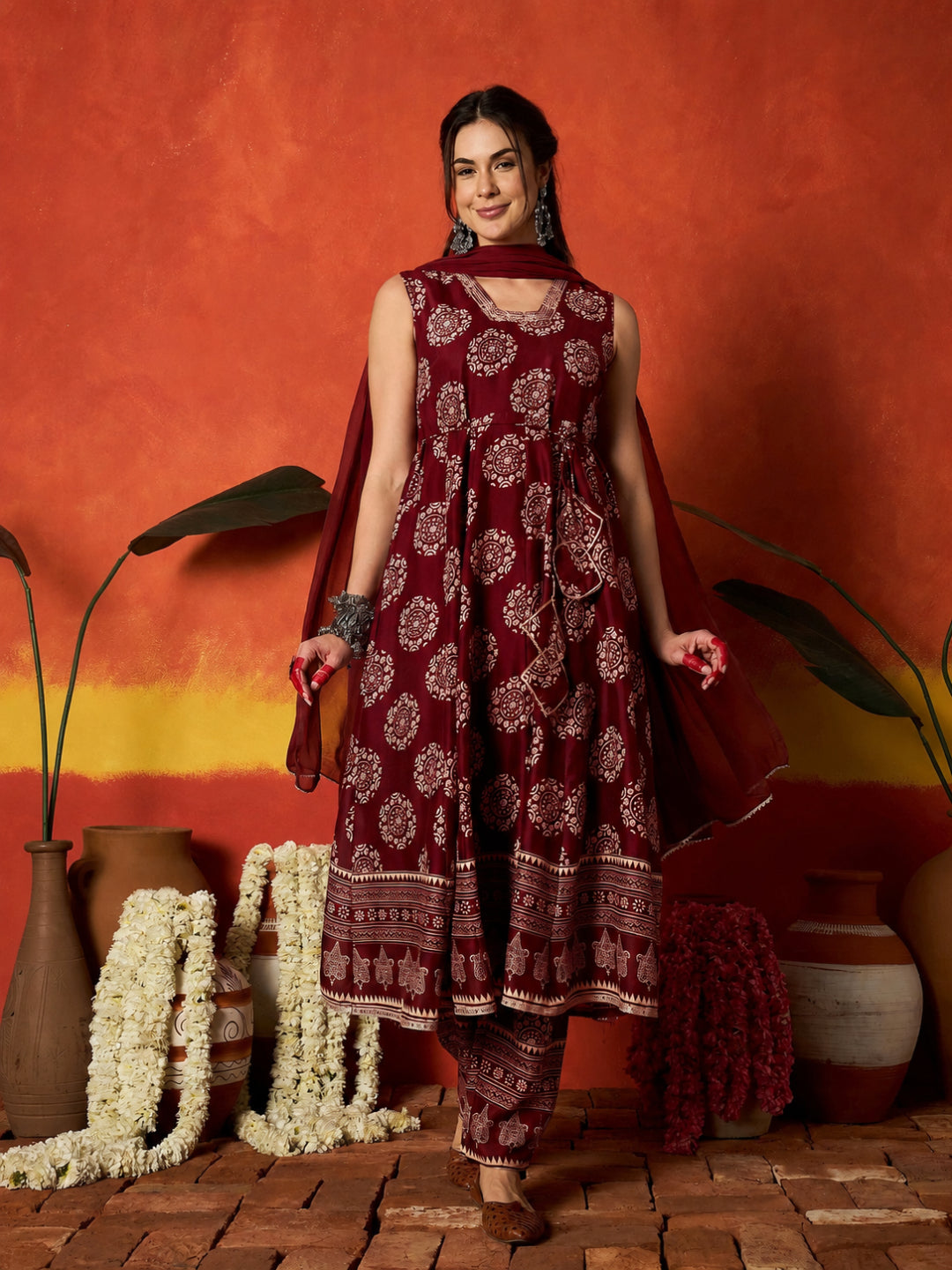 Ethnic Motif Printed Rayon Anarkali Kurta Pant Dupatta Set
