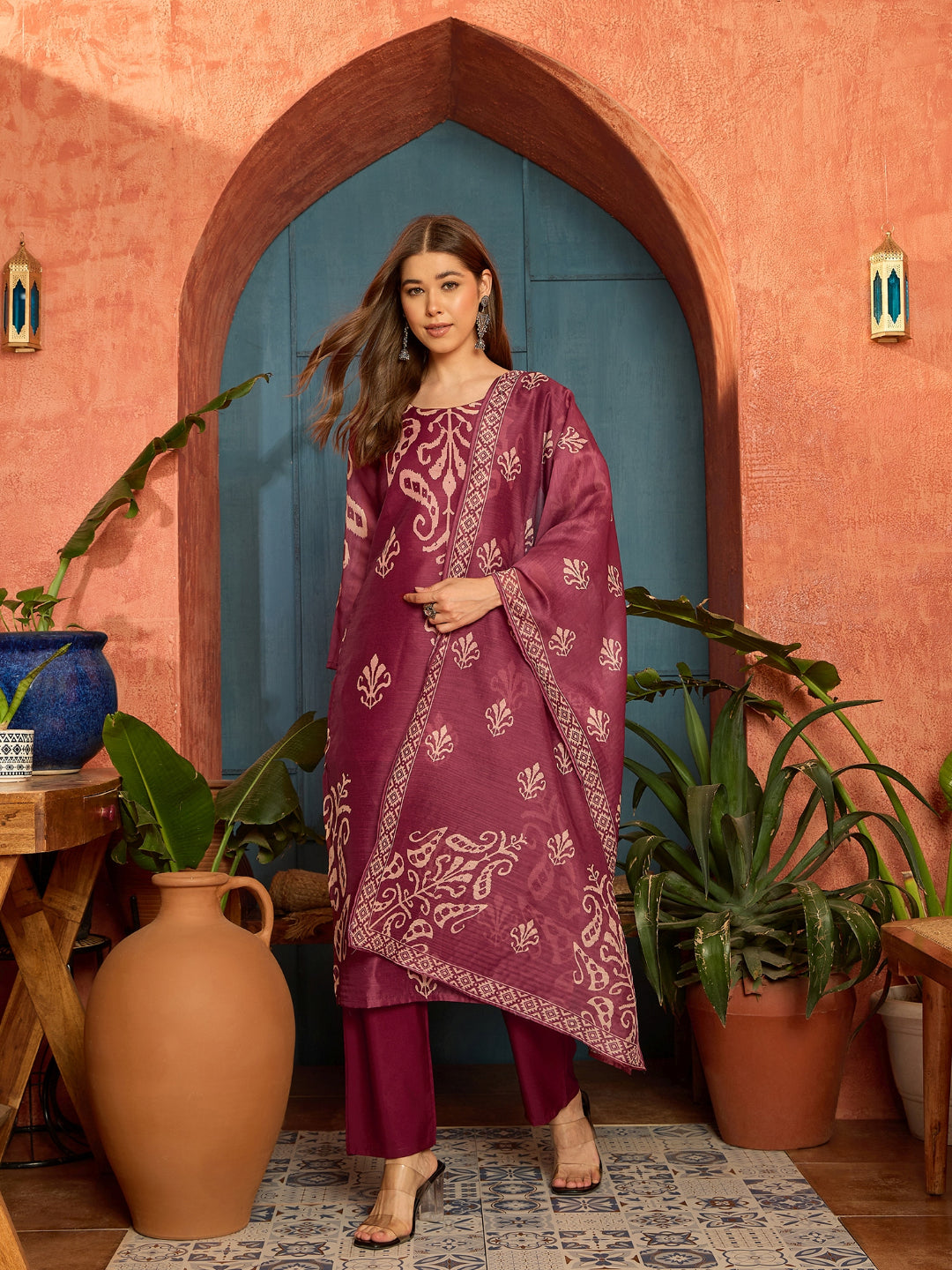 Ikkat Printed Chanderi Straight Kurta Pant Dupatta Set
