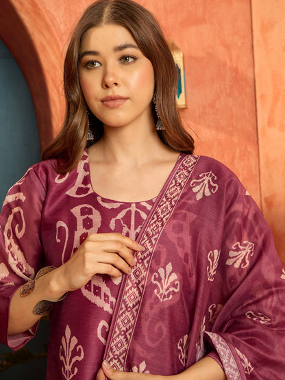 Ikkat Printed Chanderi Straight Kurta Pant Dupatta Set