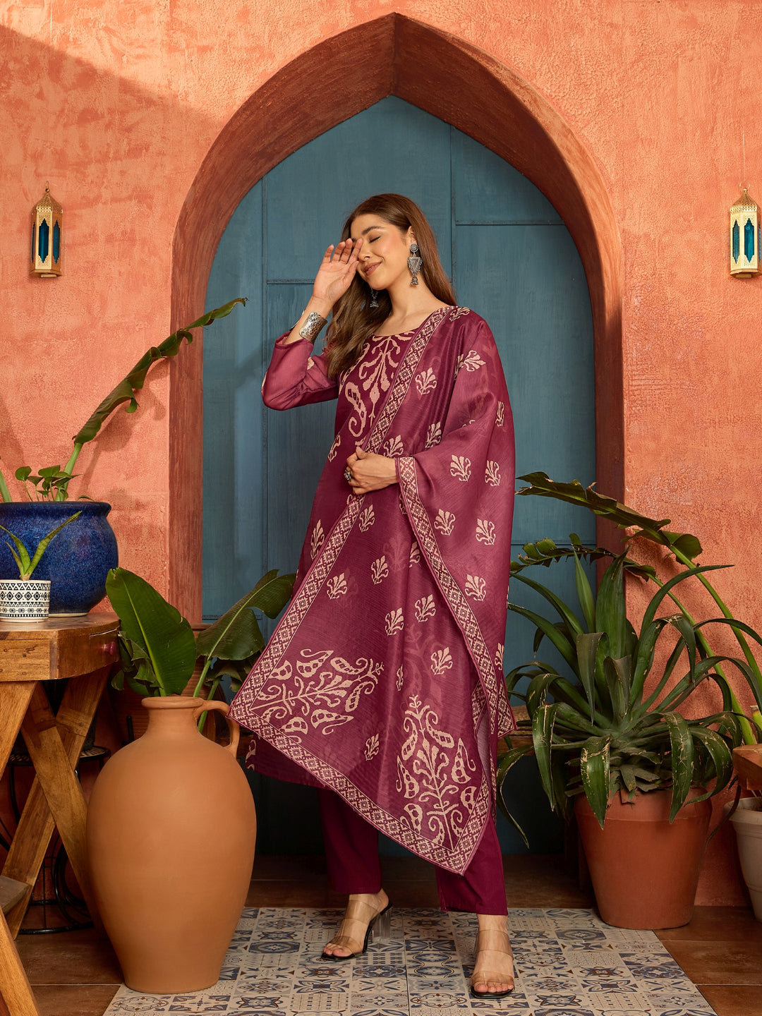 Ikkat Printed Chanderi Straight Kurta Pant Dupatta Set