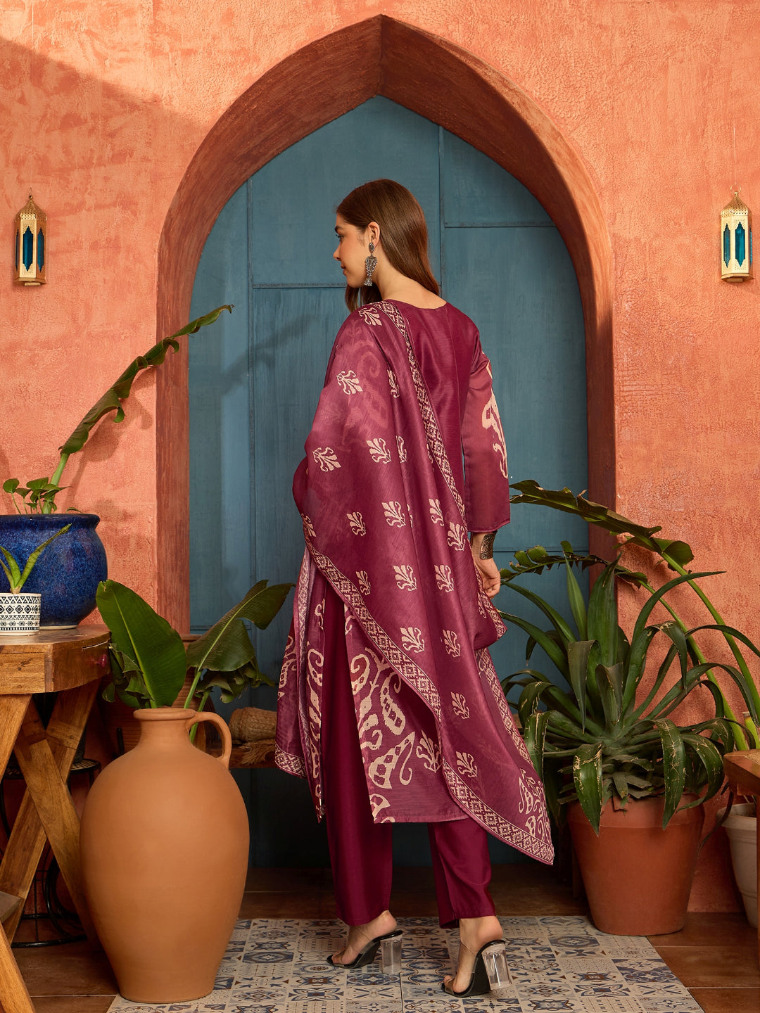 Ikkat Printed Chanderi Straight Kurta Pant Dupatta Set