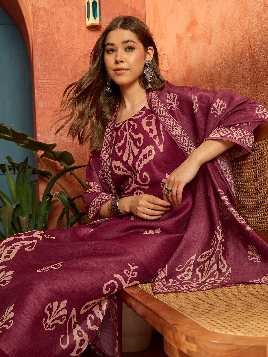 Ikkat Printed Chanderi Straight Kurta Pant Dupatta Set