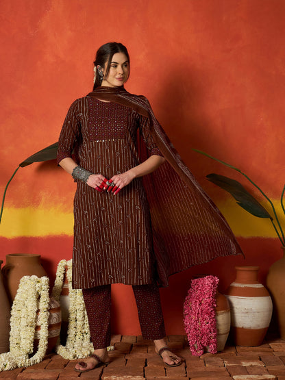 Striped & Floral Printed Cotton Straight Kurta Pant Dupatta Set