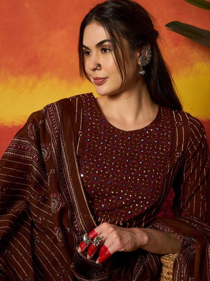 Striped & Floral Printed Cotton Straight Kurta Pant Dupatta Set