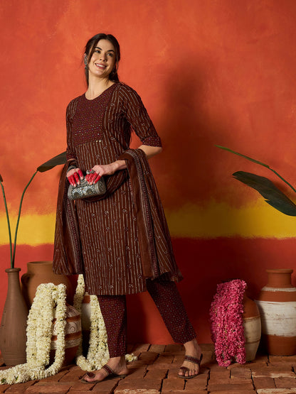 Striped & Floral Printed Cotton Straight Kurta Pant Dupatta Set