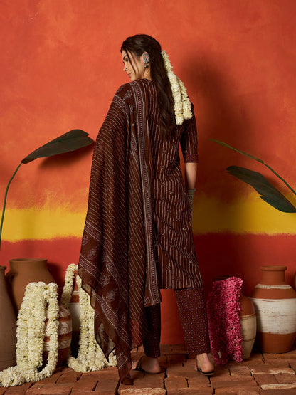 Striped & Floral Printed Cotton Straight Kurta Pant Dupatta Set