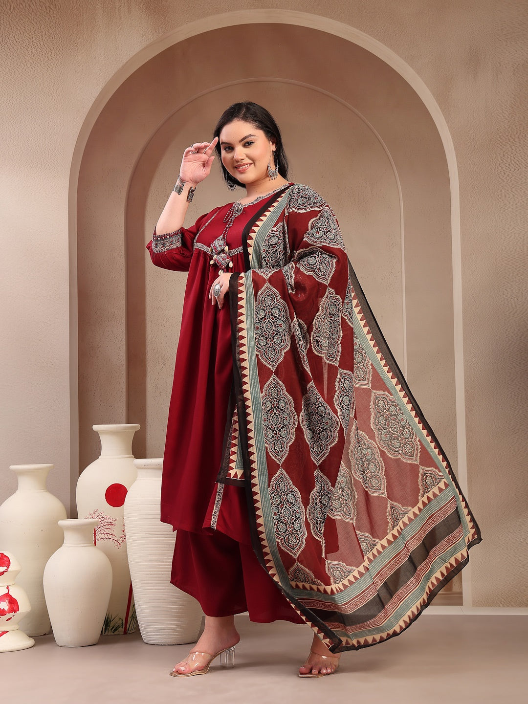 Plus Size Maroon Solid Cotton Kurta Pant Dupatta Set